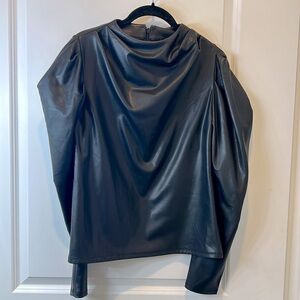 Faux leather statement shoulder and draped neck blouse by Express